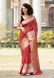 Maroon Pure linen Banarasi Saree - The Handlooms