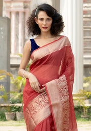 Maroon Pure linen Banarasi Saree - The Handlooms