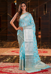 Light aqua Blue Pure Linen Banarasi Saree - The Handlooms
