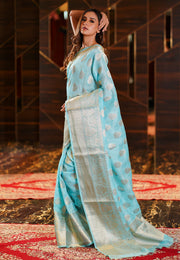 Light aqua Blue Pure Linen Banarasi Saree - The Handlooms