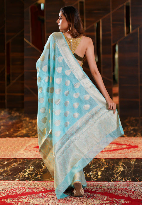 Light aqua Blue Pure Linen Banarasi Saree - The Handlooms