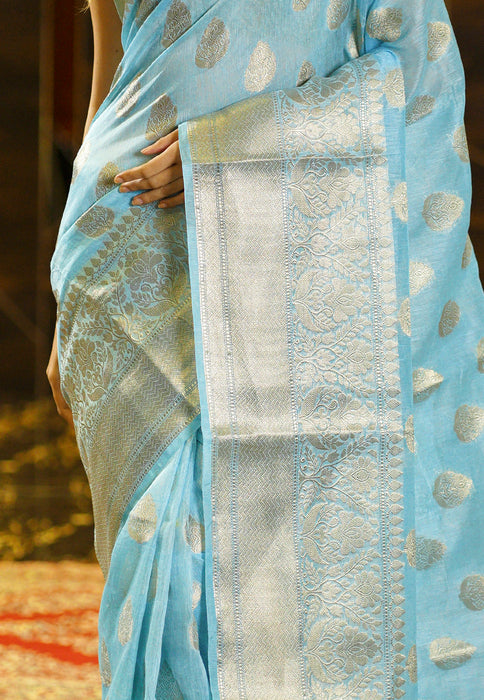 Light aqua Blue Pure Linen Banarasi Saree - The Handlooms