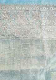 Light aqua Blue Pure Linen Banarasi Saree - The Handlooms
