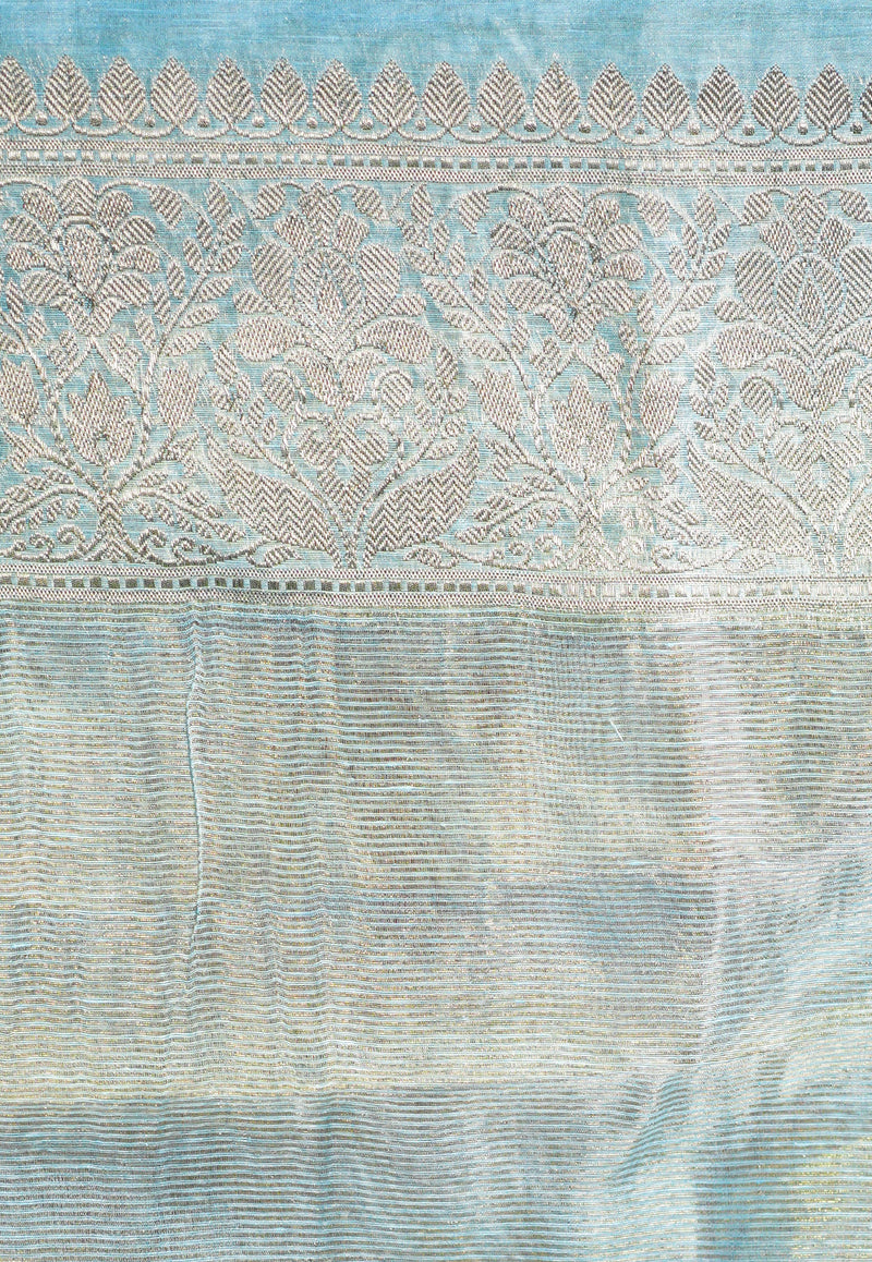 Light aqua Blue Pure Linen Banarasi Saree - The Handlooms