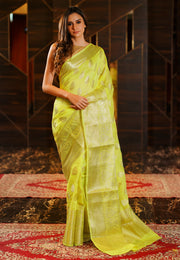Pure Linen Banarasi Saree - Lemon yellow - The Handlooms