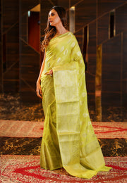 Pure Linen Banarasi Saree - Lemon yellow - The Handlooms
