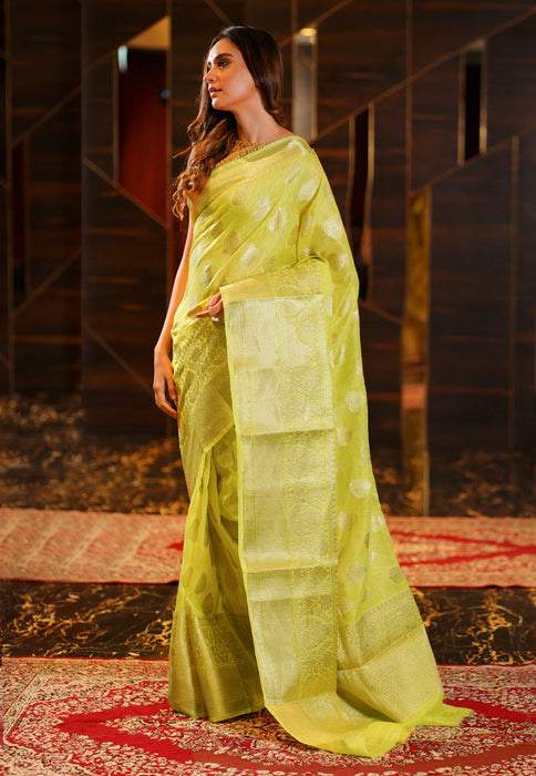 Pure Linen Banarasi Saree - Lemon yellow - The Handlooms