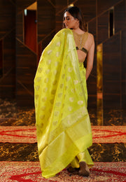 Pure Linen Banarasi Saree - Lemon yellow - The Handlooms