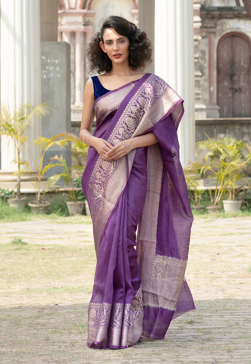 Purple Pure linen Banarasi Saree - The Handlooms