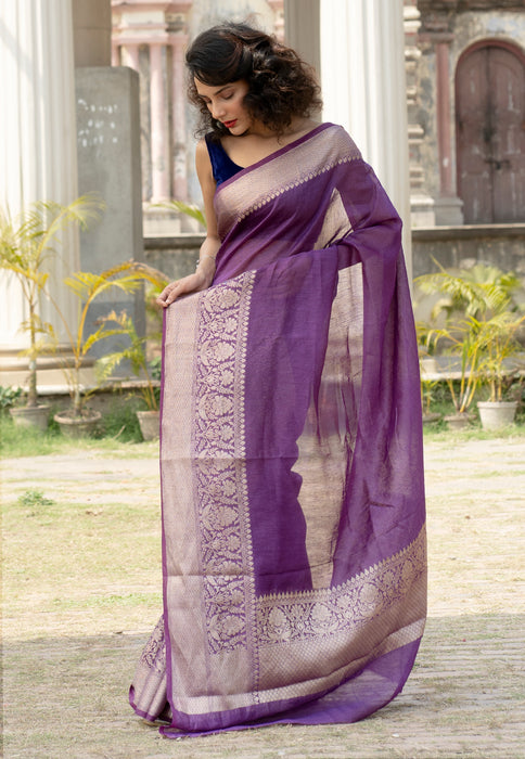 Purple Pure linen Banarasi Saree