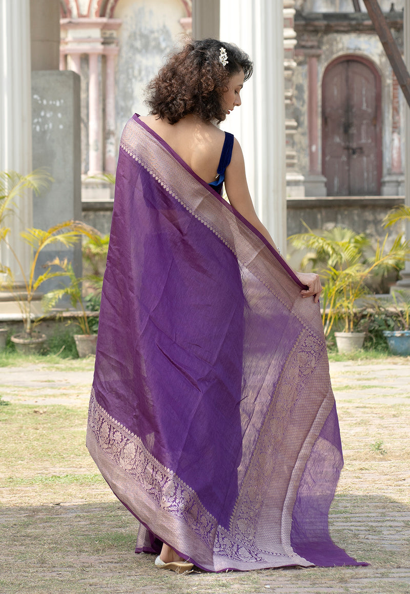 Purple Pure linen Banarasi Saree - The Handlooms