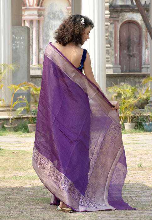 Purple Pure linen Banarasi Saree