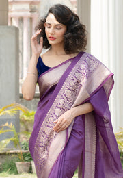 Purple Pure linen Banarasi Saree - The Handlooms