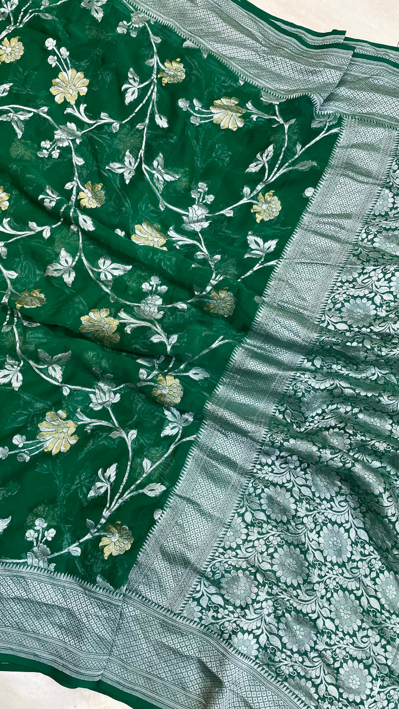 Khaddi Georgette Handloom Banarasi Saree - All over sona roopa Jaal Work - The Handlooms
