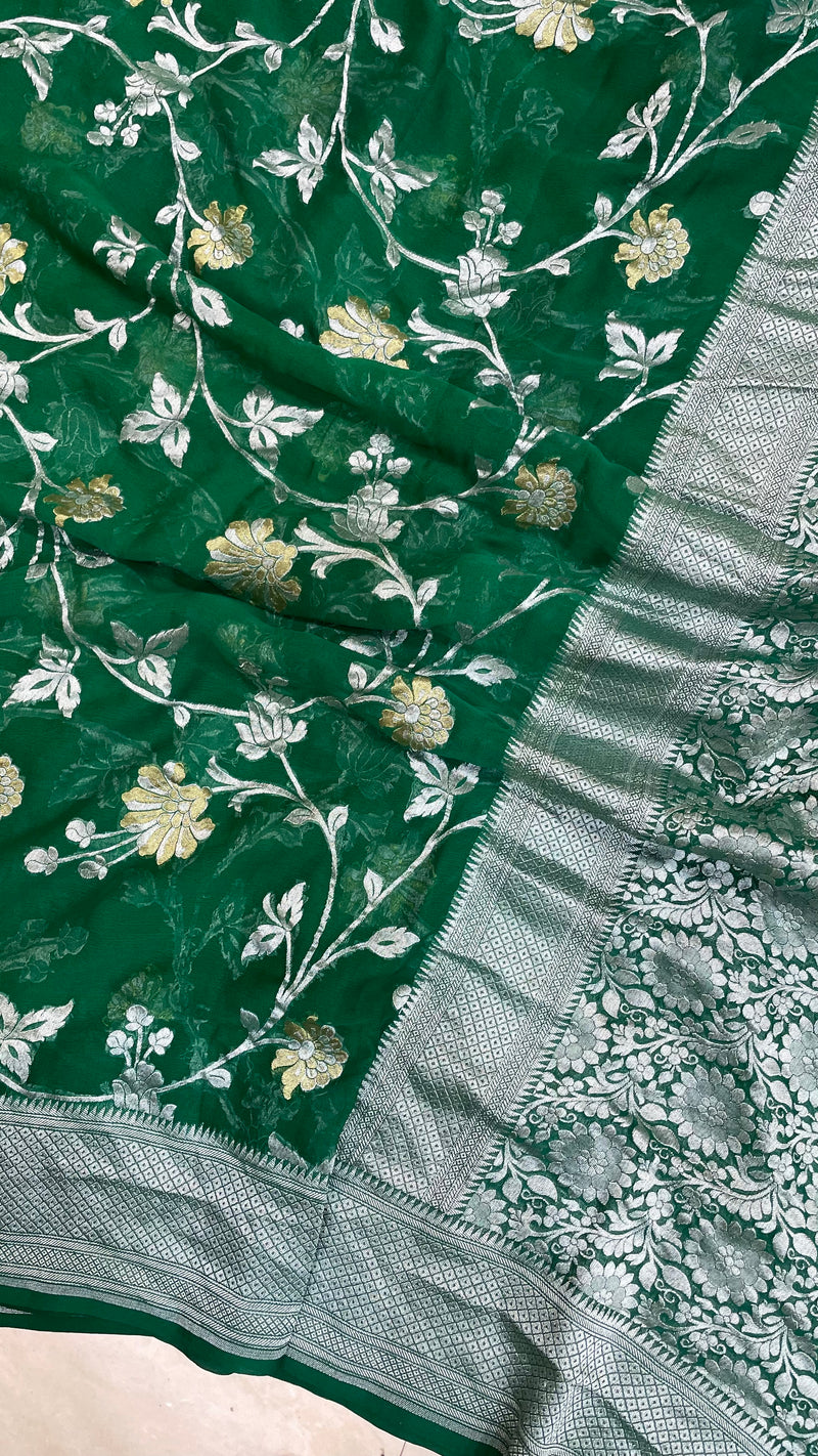 Khaddi Georgette Handloom Banarasi Saree - All over sona roopa Jaal Work - The Handlooms