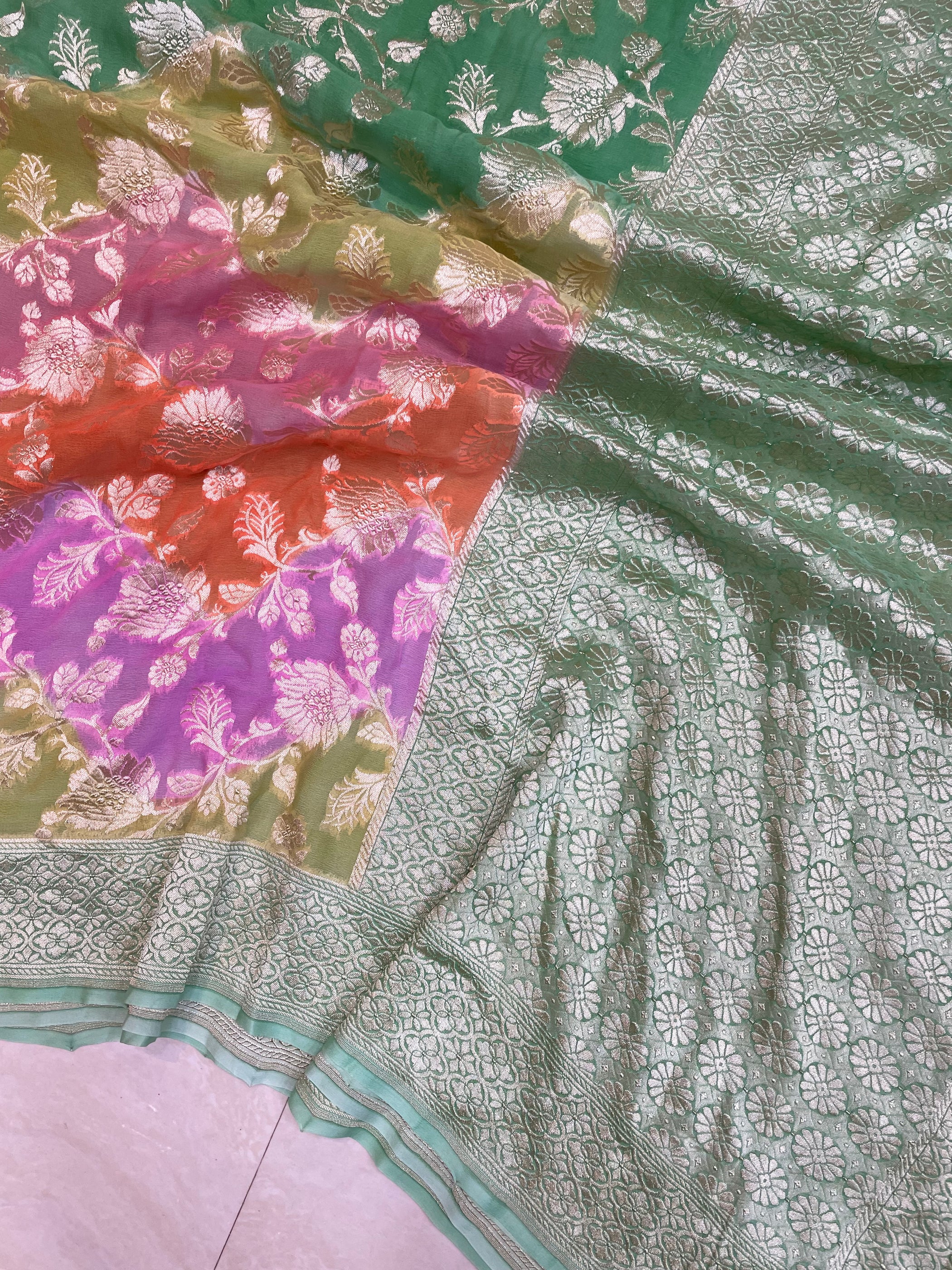Green Pure Khaddi Georgette Handloom Banarasi Saree