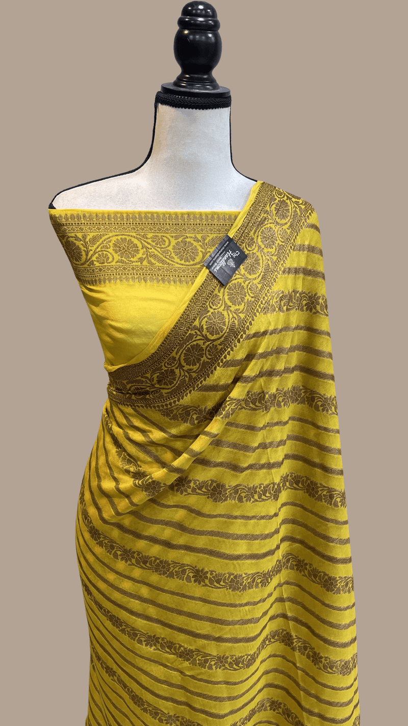 Mustard Yellow Pure Chiffon Khaddi Banarasi Saree - The Handlooms