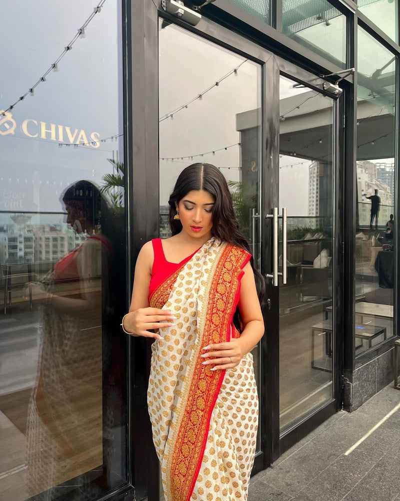 Khaddi Georgette Hnadloom Banarasi Saree -  Antique zari - The Handlooms